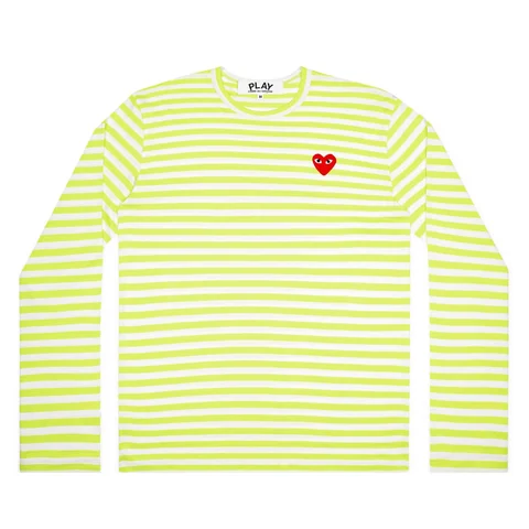 プレイ 長袖Tシャツ カラーボーダー 赤ハート（グリーン×ホワイト）
