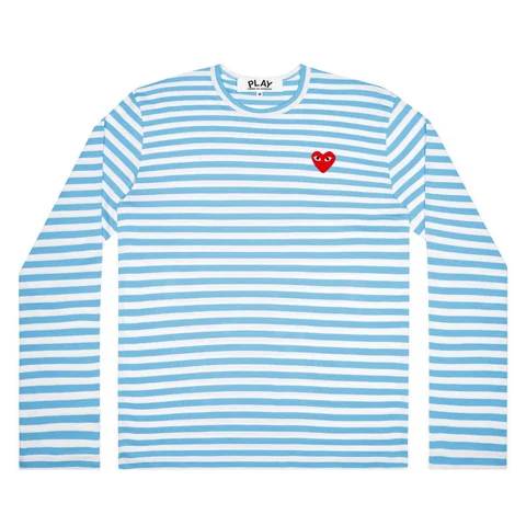 プレイ 長袖Tシャツ カラーボーダー 赤ハート（ブルー×ホワイト）