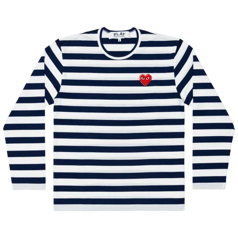 プレイ 長袖Tシャツ ボーダー 赤ハート×ラインストーン（ネイビー×ホワイト）