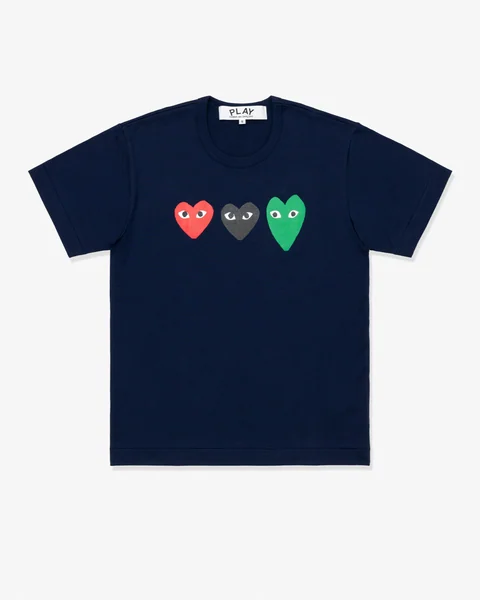 プレイ 半袖Tシャツ 紺地に赤・黒・緑のハート（ネイビー）