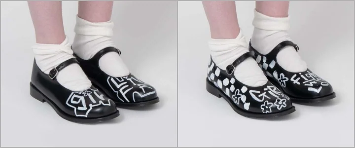 阪急うめだ本店の公式ページに掲載された、COMME des GARÇONS GIRLのハンドペイントシューズ2型の写真。