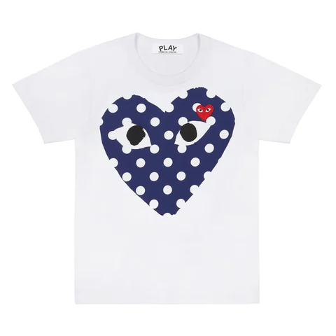 プレイ 半袖Tシャツ 紺の水玉の大きなハート（ホワイト）