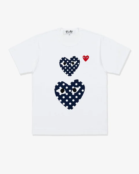 プレイ 半袖Tシャツ 紺の水玉のハート2つ（ホワイト）