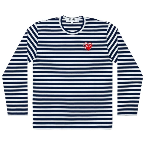 プレイ 長袖Tシャツ ボーダー 赤ハート×メタルストーン（ネイビー×ホワイト）