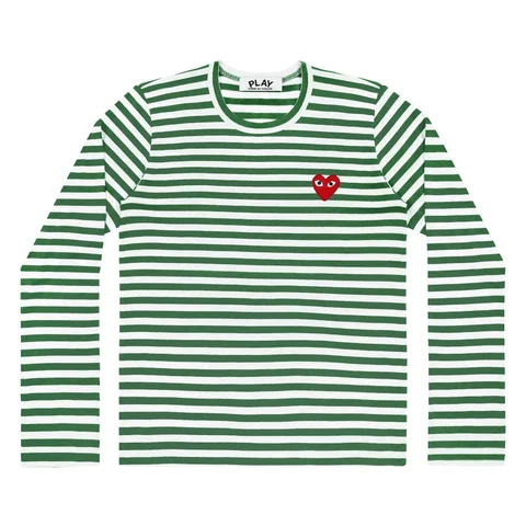プレイ 長袖Tシャツ ボーダー 赤ハート（グリーン×ホワイト）