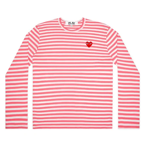 プレイ 長袖Tシャツ カラーボーダー 赤ハート（ピンク×ホワイト）