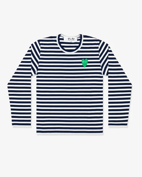 プレイ 長袖Tシャツ ボーダー 緑ハート（ネイビー×ホワイト）